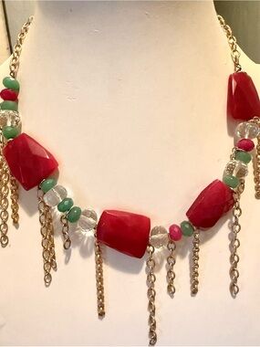 Gold Chain Necklace with Cranberry and Green Chalcedony and Crystal Beads